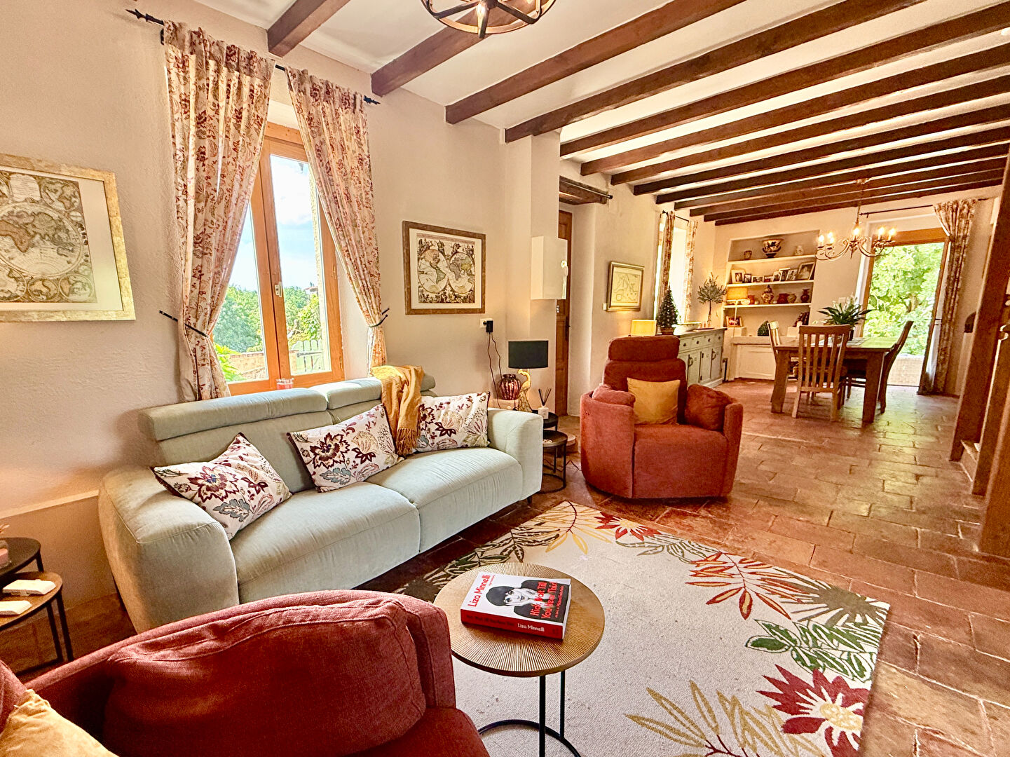 Spacious property in Tarn-et-Garonne, Occitanie, featuring a dining area, stairs, and a view of the swimming pool.