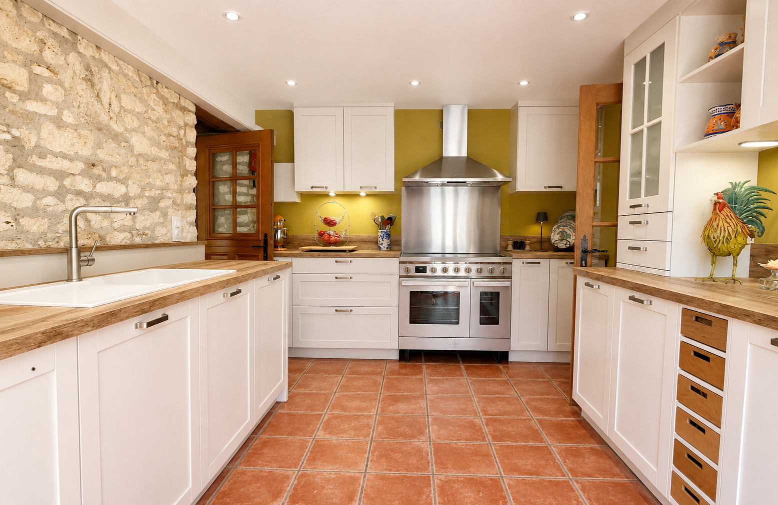 Modern kitchen with stone wall, wooden countertops, and stainless steel appliances in Tarn-et-Garonne, Occitanie.