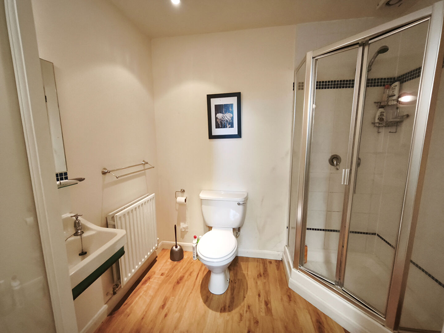 Three-bedroom property in Morbihan, Brittany, featuring a modern bathroom with shower and toilet.