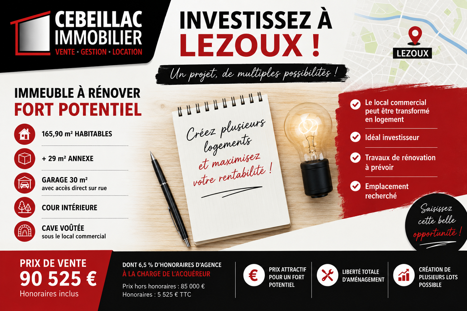 LEZOUX CENTRE - IMMEUBLE À RÉNOVER - FORT POTENTIEL INVESTISSEUR - GARAGE, ANNEXE, COUR ET CAVE