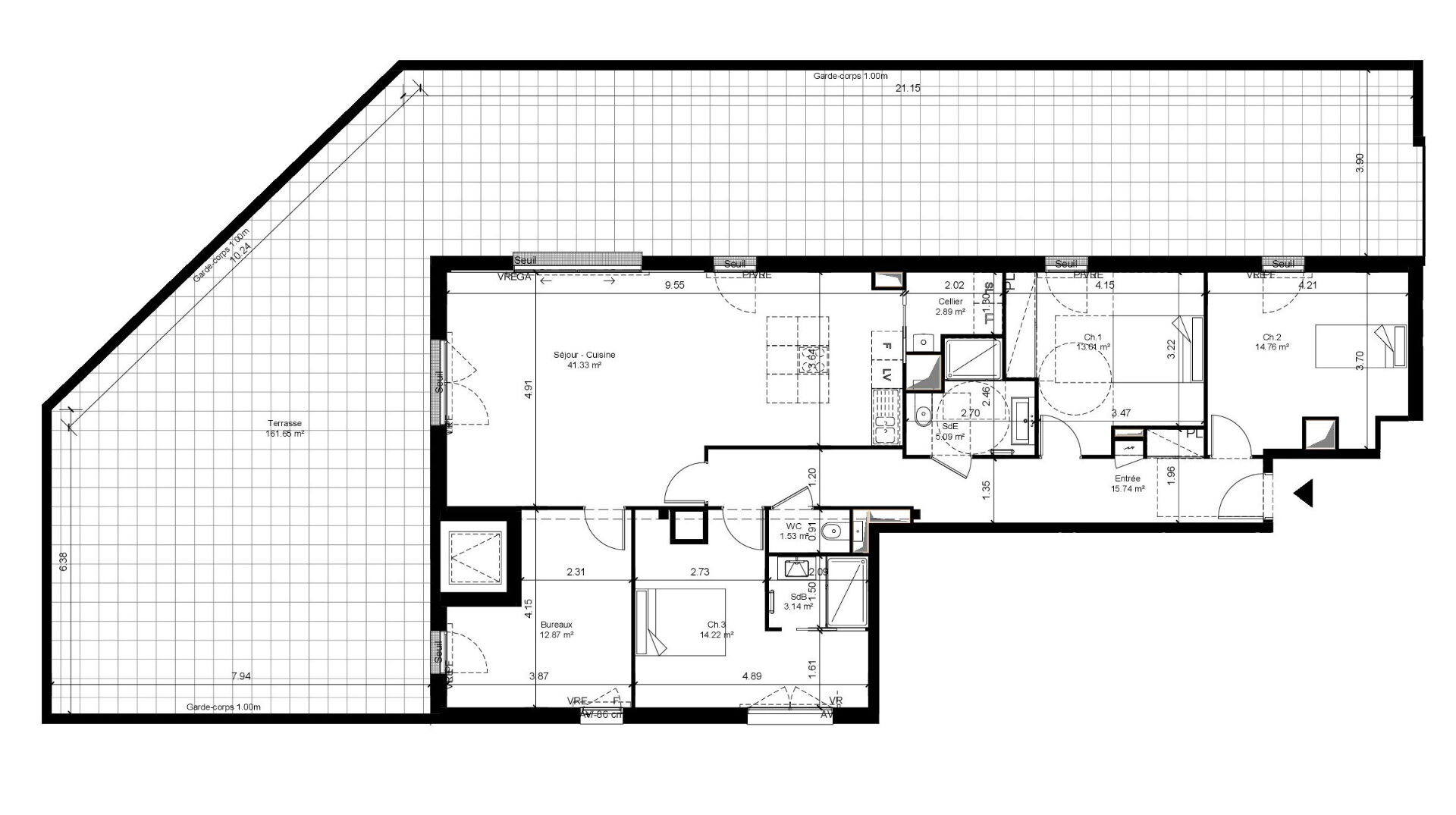 Photo NANTES - TRIANGLE D'OR - Monselet  - Appartement 5 pièces de 125.03m² Sud Ouest- 5ème étage- terrasse de 159.76m² - ascenseur - boxs image 2/3