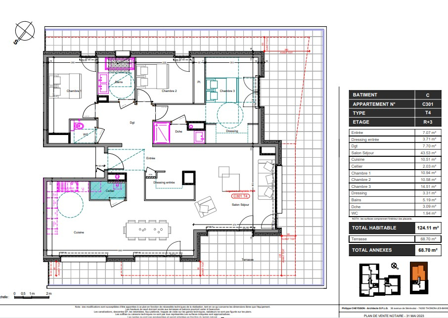 Appartement T4 de 124.11 m²  - Terrasse 68.70 m² - Thonon-Les-Bains