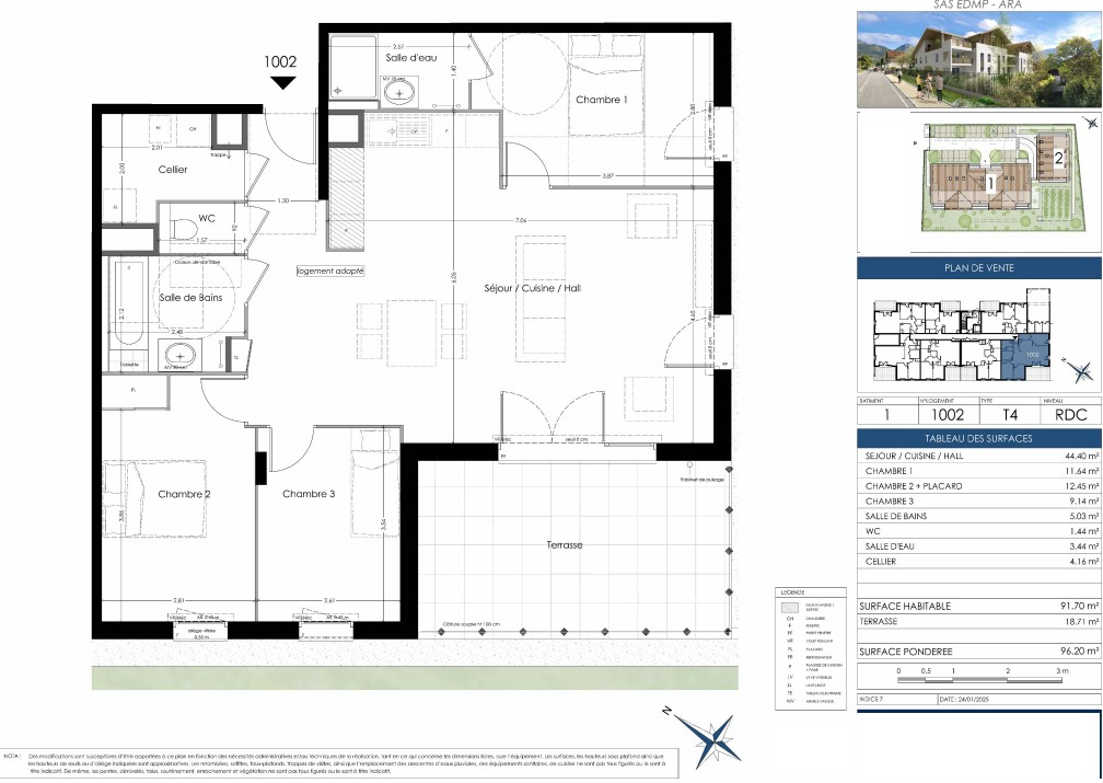 Appartement T4 de 91.70 m²  -Rez-de-chaussée - Marignier