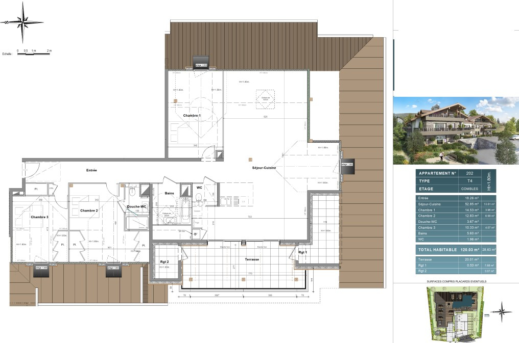 Appartement T4 attique de  148,66 m² surface totale