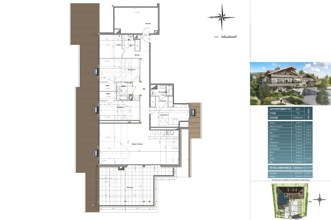 Appartement T4 attique de 150.74 m² surface totale