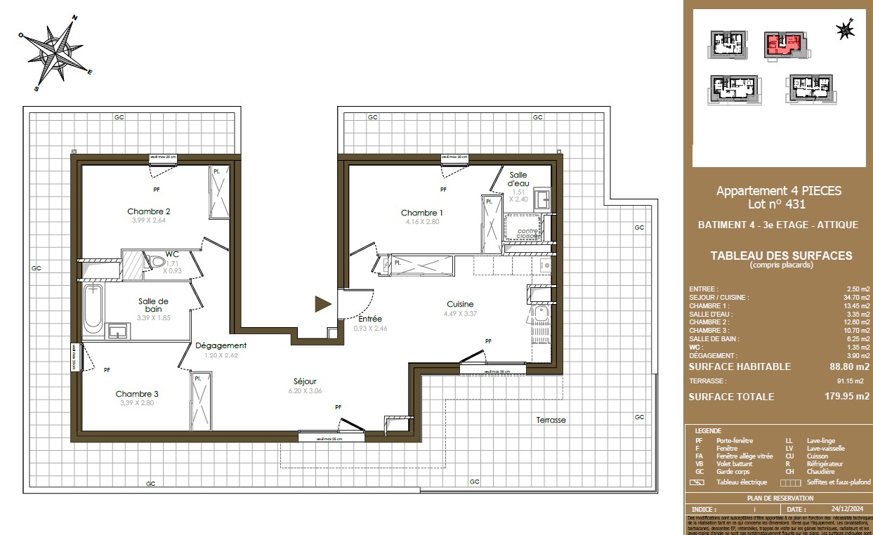 À vendre  - Appartement T4  de 88.80 m² avec terrasse panoramique de 91.15 m²
