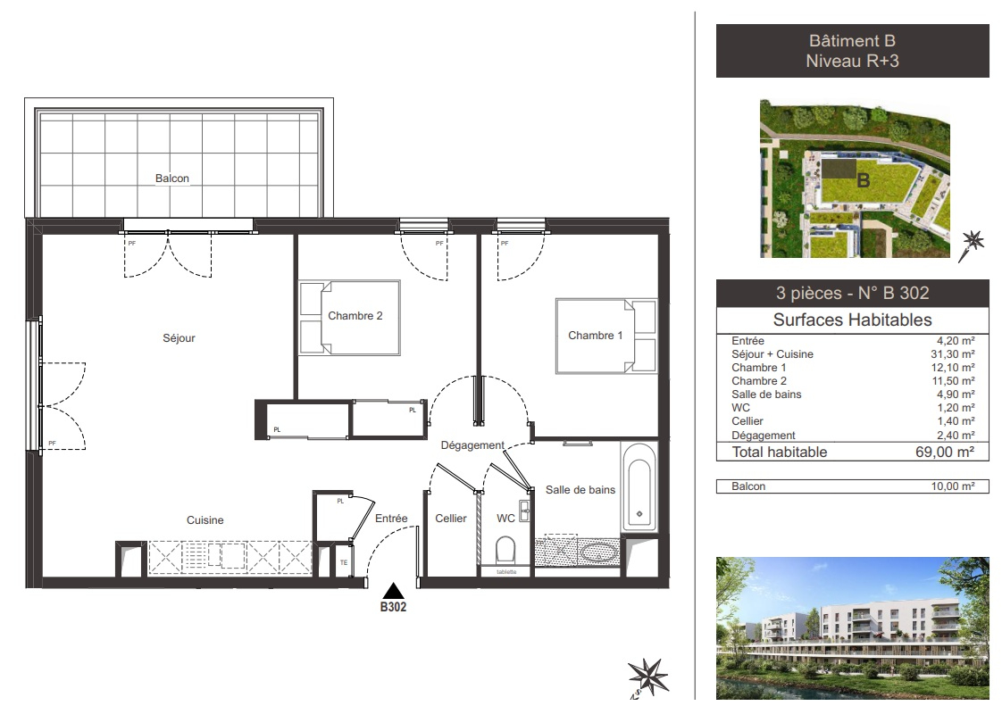 Appartement T3 de 69 m² au 2ème étage Balcon 10m²  - Ambilly