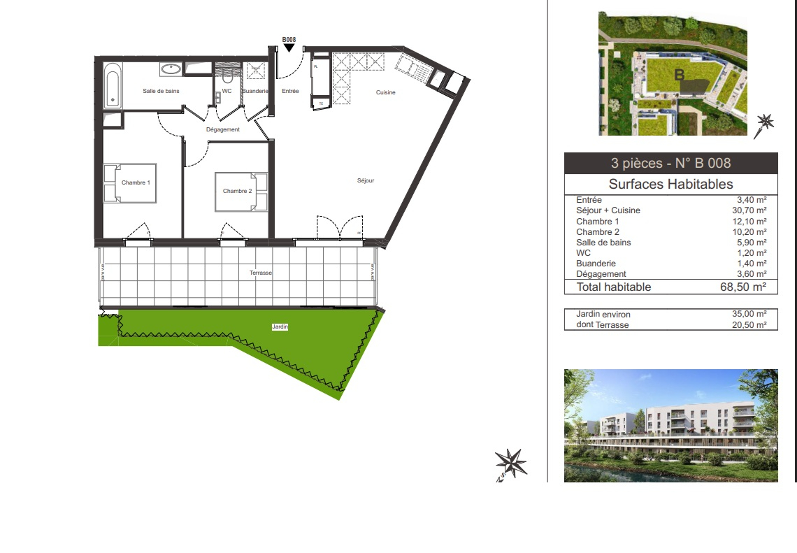 Appartement T3 de 68.5m² au rez-de-chaussée - Ambilly