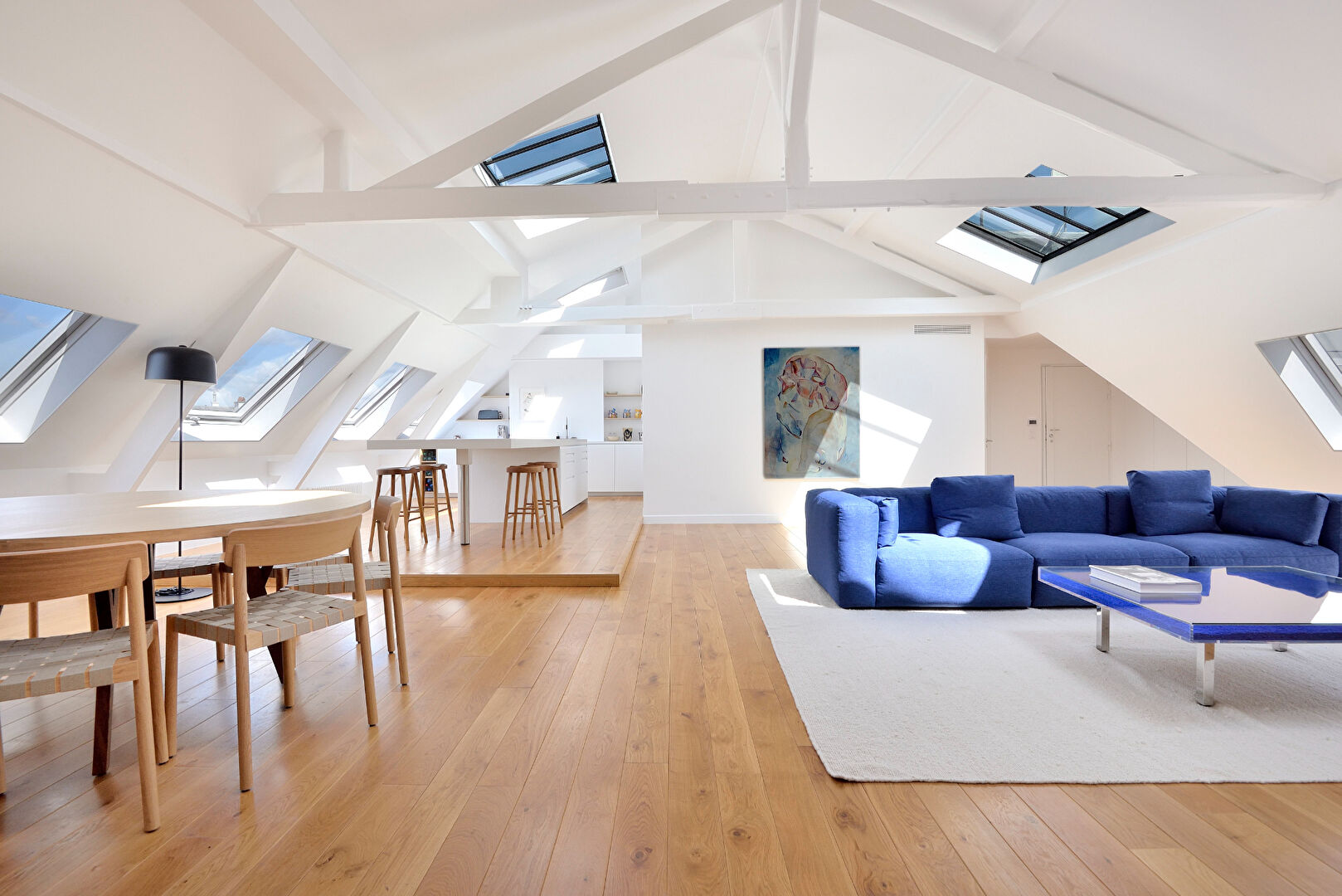Modern apartment in Paris, Île-de-France with open-plan living area, skylights, wooden flooring, and stylish furnishings.