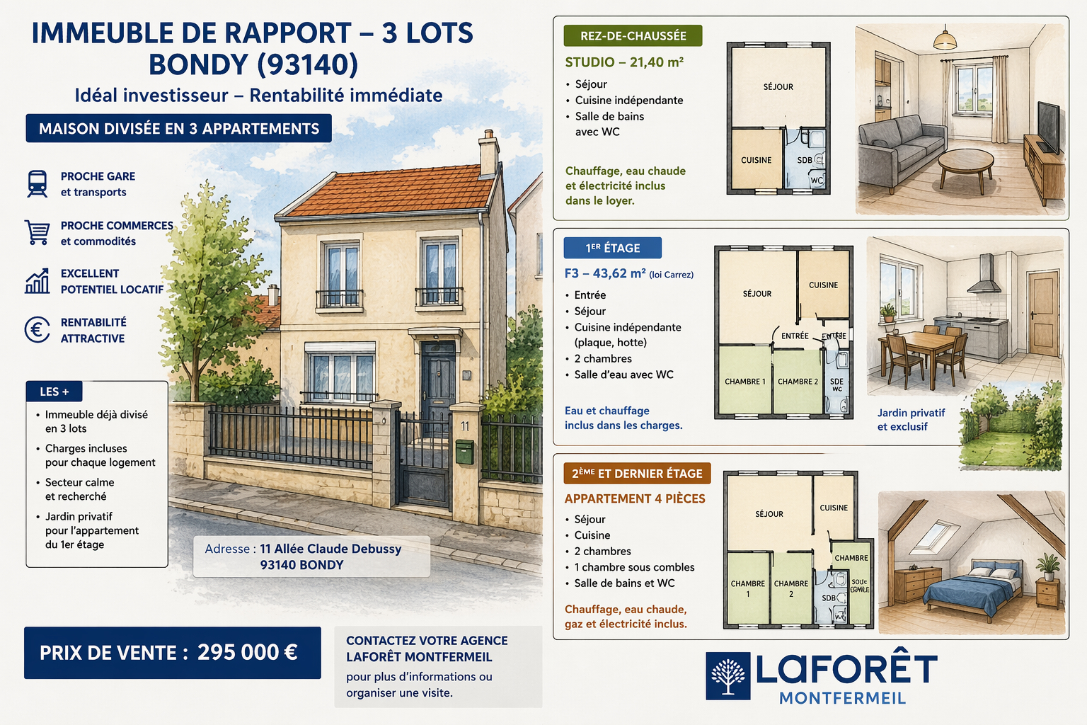 IMMEUBLE DE RAPPORT 3 LOTS BONDY 93140 INVESTISSEMENT LOCATIF 279 000 €